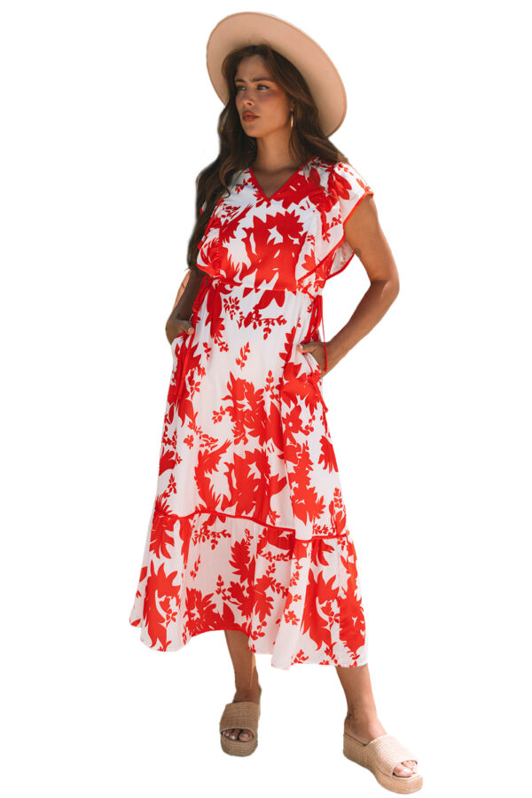 Red Floral Print Trimmed V Neck Ruffle Sleeve Long Dress - Image 11
