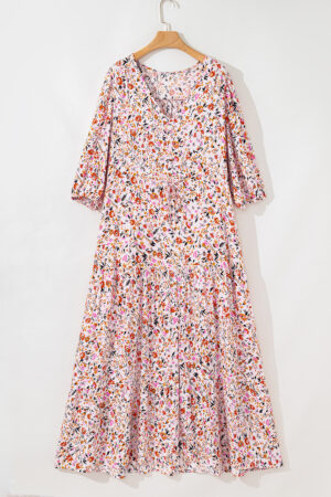 Red Boho Half Sleeve Floral V Neck Maxi Dress