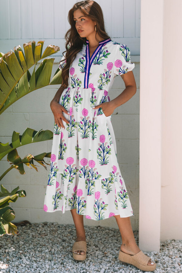 White Floral Puff Short Sleeve V Neck High Waist Maxi Dress - Image 9