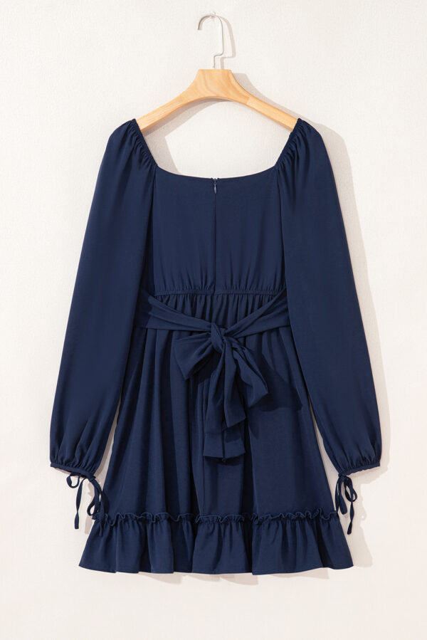 Blue White Plain Ruffled High Waist Square Neck Mini Dress - Image 5
