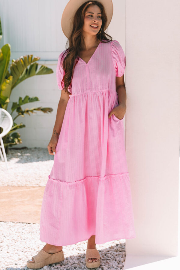 Pink Stripe V Neck Puff Short Sleeve Maxi Dress - Image 4