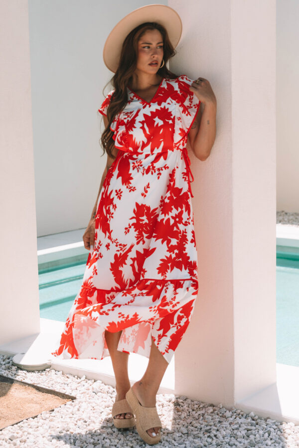 Red Floral Print Trimmed V Neck Ruffle Sleeve Long Dress - Image 7