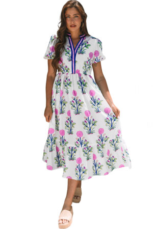 White Floral Puff Short Sleeve V Neck High Waist Maxi Dress