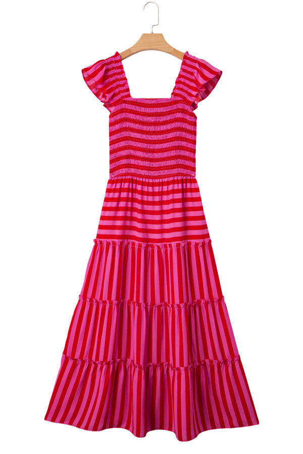 Rose Stripe Flutter Sleeve Smocked Bodice Tiered Maxi Dress - Image 13