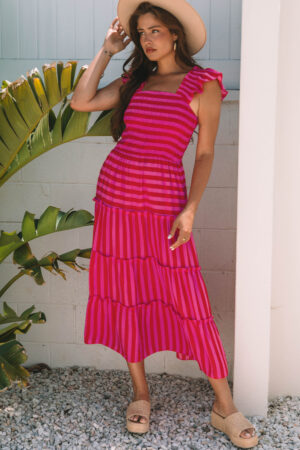Rose Stripe Flutter Sleeve Smocked Bodice Tiered Maxi Dress