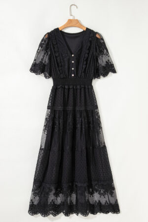 Black Dotty Lace Mesh Flowy Maxi Dress