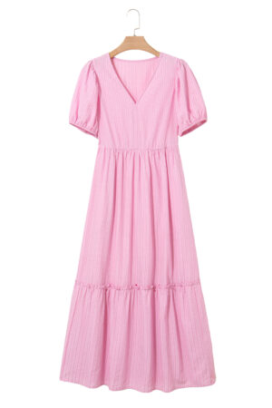 Pink Stripe V Neck Puff Short Sleeve Maxi Dress