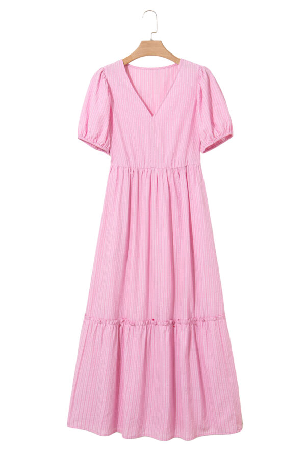 Pink Stripe V Neck Puff Short Sleeve Maxi Dress - Image 10