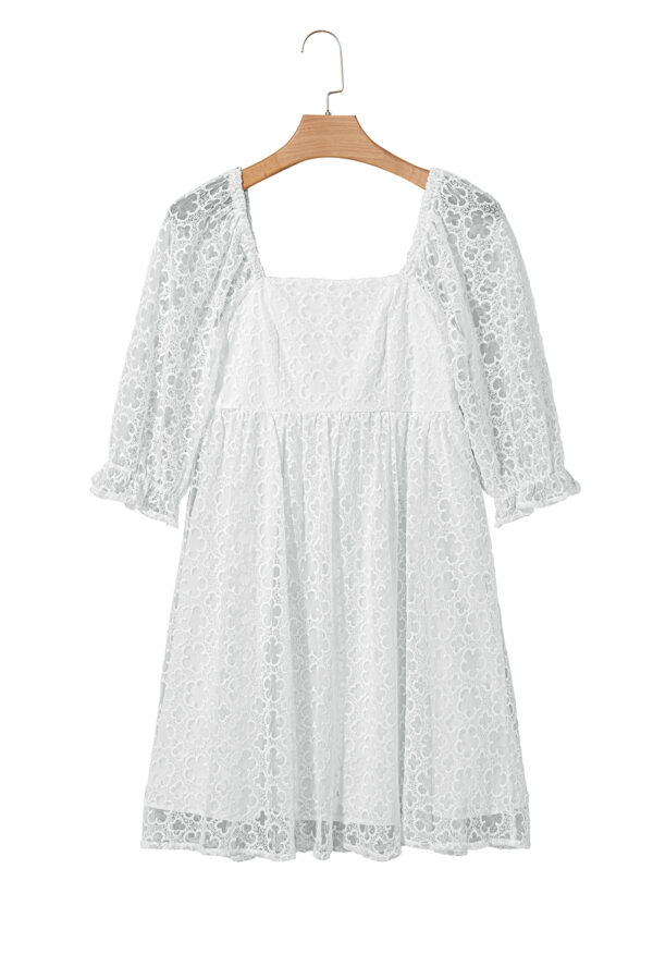 White Floral Lace Puff Sleeve Empire Waist Mini Dress - Image 12