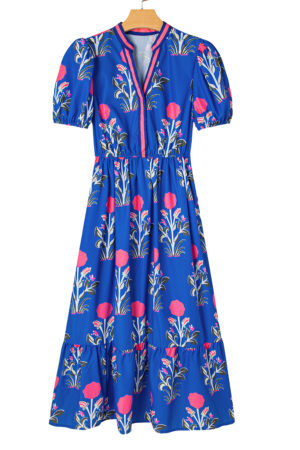 Sky Blue Floral Puff Short Sleeve V Neck High Waist Maxi Dress