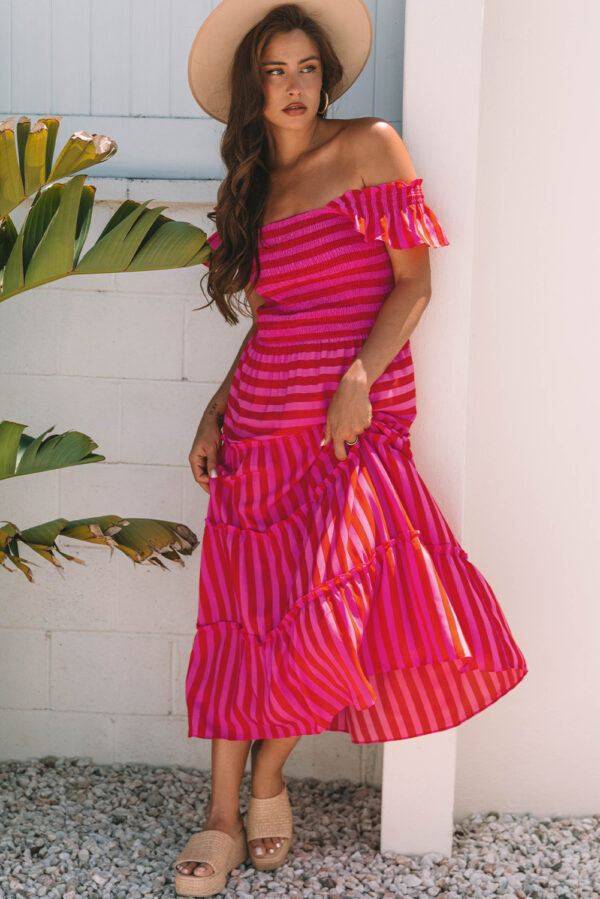 Rose Stripe Flutter Sleeve Smocked Bodice Tiered Maxi Dress - Image 7