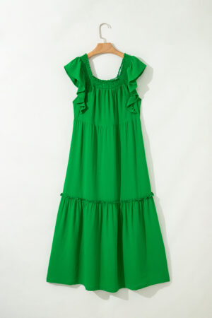 Green Ruffled Flutter Sleeve Square Neck Textured Tiered Maxi Dress