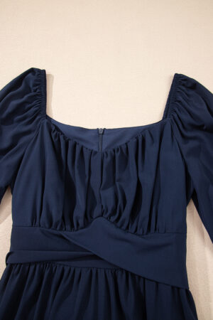 Blue White Plain Ruffled High Waist Square Neck Mini Dress