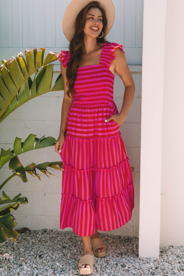 Rose Stripe Flutter Sleeve Smocked Bodice Tiered Maxi Dress - Image 4