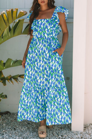 Pink Floral Print Square Neck Ruffled Strap Maxi Dress