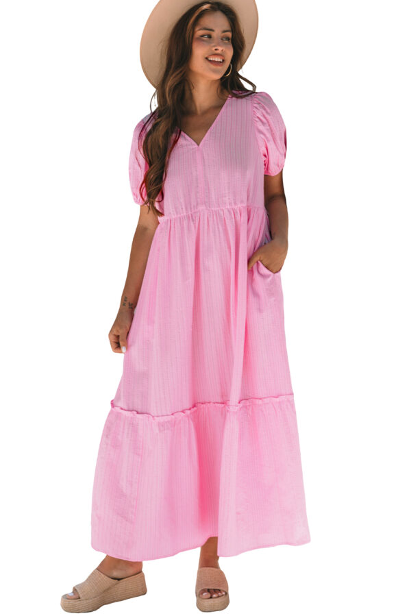 Pink Stripe V Neck Puff Short Sleeve Maxi Dress - Image 9