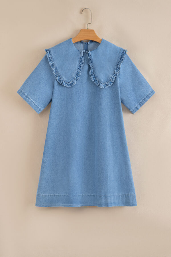 Beau Blue Frilled Peter Pan Collar Loose Denim Short Dress - Image 4