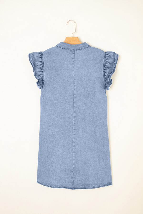 Beau Blue Double Ruffled Sleeves Buttoned A-line Collared Mini Denim Dress - Image 5