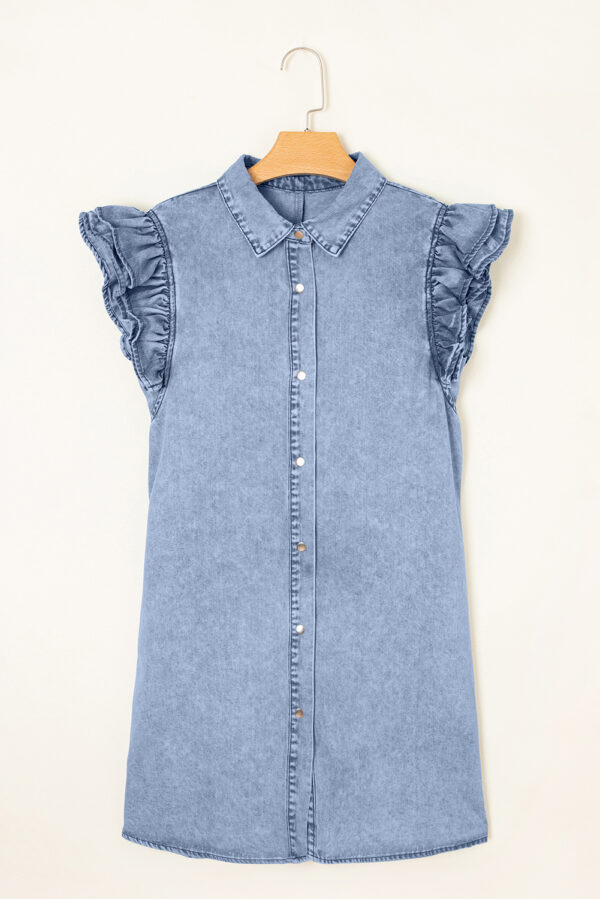 Beau Blue Double Ruffled Sleeves Buttoned A-line Collared Mini Denim Dress - Image 4
