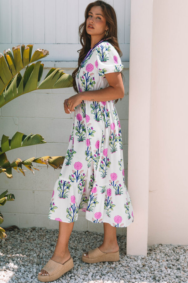 White Floral Puff Short Sleeve V Neck High Waist Maxi Dress - Image 6