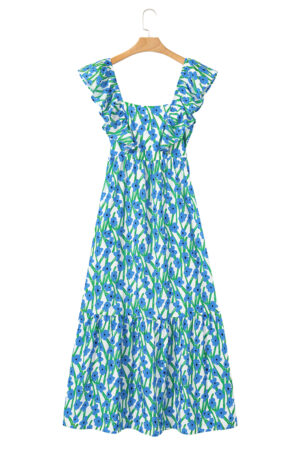 Pink Floral Print Square Neck Ruffled Strap Maxi Dress