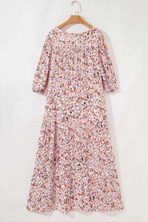 Red Boho Half Sleeve Floral V Neck Maxi Dress
