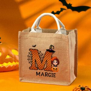 Personalized Cartoon Character Pumpkin Design Trick or Treat Candy Jute Tote Bag with Initial & Name Halloween
