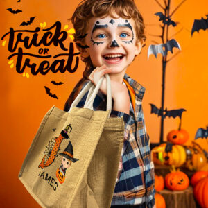 Personalized Cartoon Character Pumpkin Design Trick or Treat Candy Jute Tote Bag with Initial & Name Halloween