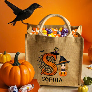 Personalized Cartoon Character Pumpkin Design Trick or Treat Candy Jute Tote Bag with Initial & Name Halloween