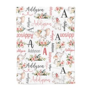Custom Floral Cute Elephant Blanket with Name Christmas Birthday Baby Shower Gift for Baby Kid Family