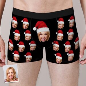 Custom Face Boxers Shorts With Christmas hat Personalized Photo Underwear Christmas Gift For Men