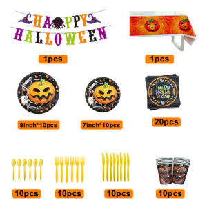 Halloween Pumpkin Design Disposable Tableware Tablecloth Banner Kits Halloween Party Decorations Supplies