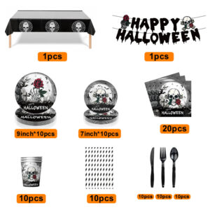Halloween Skull Design Disposable Tableware Tablecloth Banner Kits Halloween Party Decorations Supplies