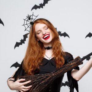 Halloween Black Lace Headbands with Clavicle Choker Necklace Halloween Hair Hoop for Party Supply Cosplay