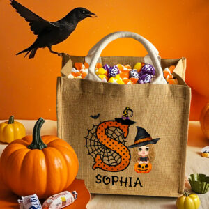 Personalized Cartoon Character Pumpkin Design Trick or Treat Candy Jute Tote Bag with Initial & Name Halloween