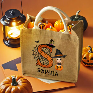 Personalized Cartoon Character Pumpkin Design Trick or Treat Candy Jute Tote Bag with Initial & Name Halloween