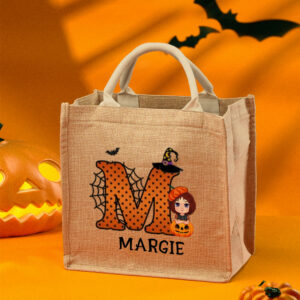 Personalized Cartoon Character Pumpkin Design Trick or Treat Candy Jute Tote Bag with Initial & Name Halloween