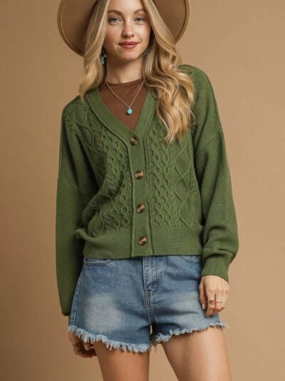 Umgee Chunky Cable Knit V-Neck Button-Up Cardigan