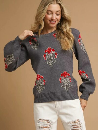 Umgee Single Flower Stem Jacquard Sweater