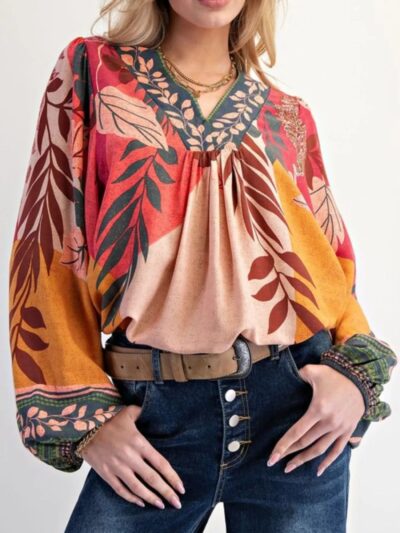 Tropical Print Balloon Sleeve Blouse