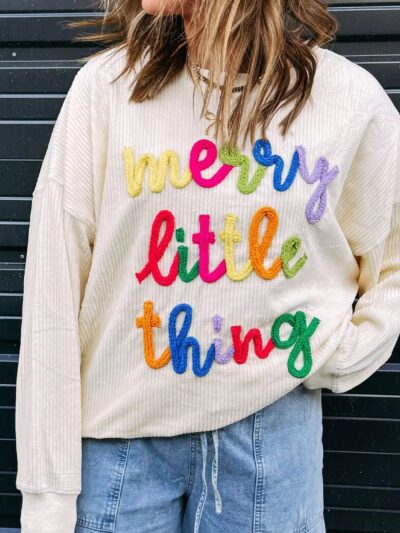 Merry Little Thing Corded Letter Graphic Ribbed Sweatshirt