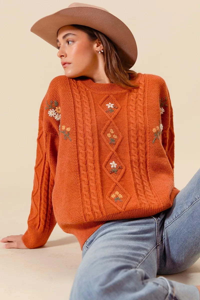 So Me Embroidered Flower Cable Knitted Sweater 3 0016678bb8514c3b8ea4a3971673247b-Max-Origin